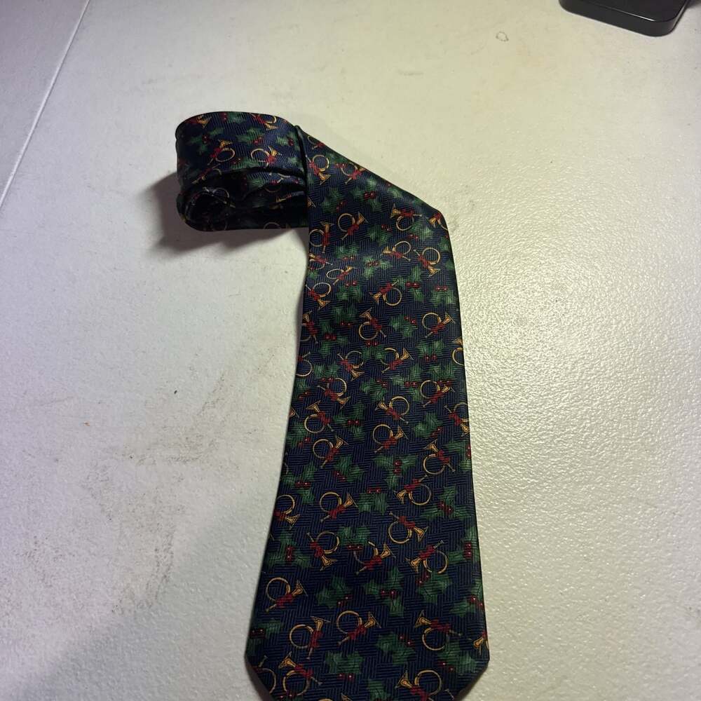 Christmas Holiday Necktie - Blue with Holly and French Horn Pattern
